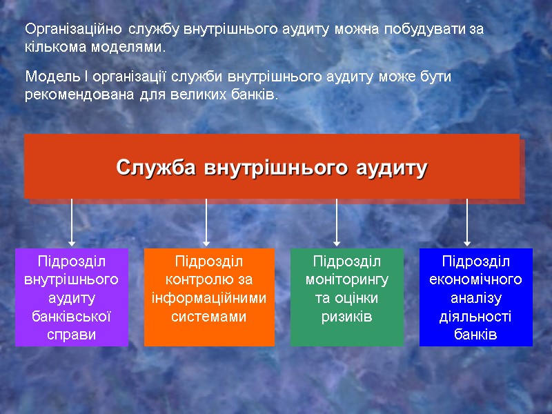 Організаційно службу внутрішнього аудиту можна побудувати за кількома моделями.   Служба внутрішнього аудиту
